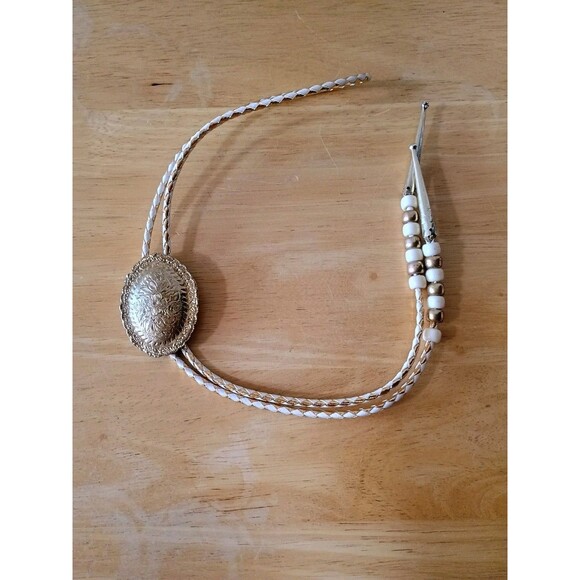 Unbranded Accessories - Women's Vintage Bolo Tie Gold Tone With Leather Braided Strings - Pony Beads